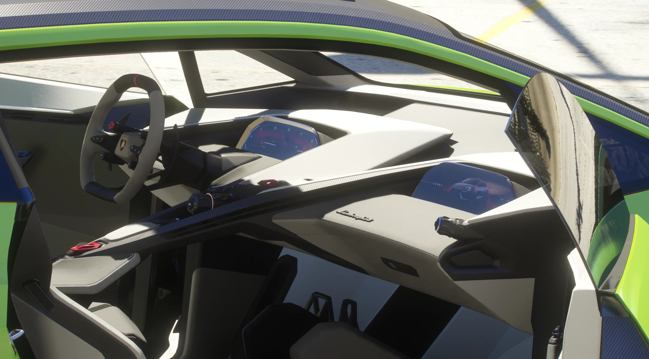 Interior del Lanzador con las puertas abiertas, con el volante de competición cuadrado y el escudo de Lamborghini, la pantalla del conductor y el display del pasajero mostrando CORSA