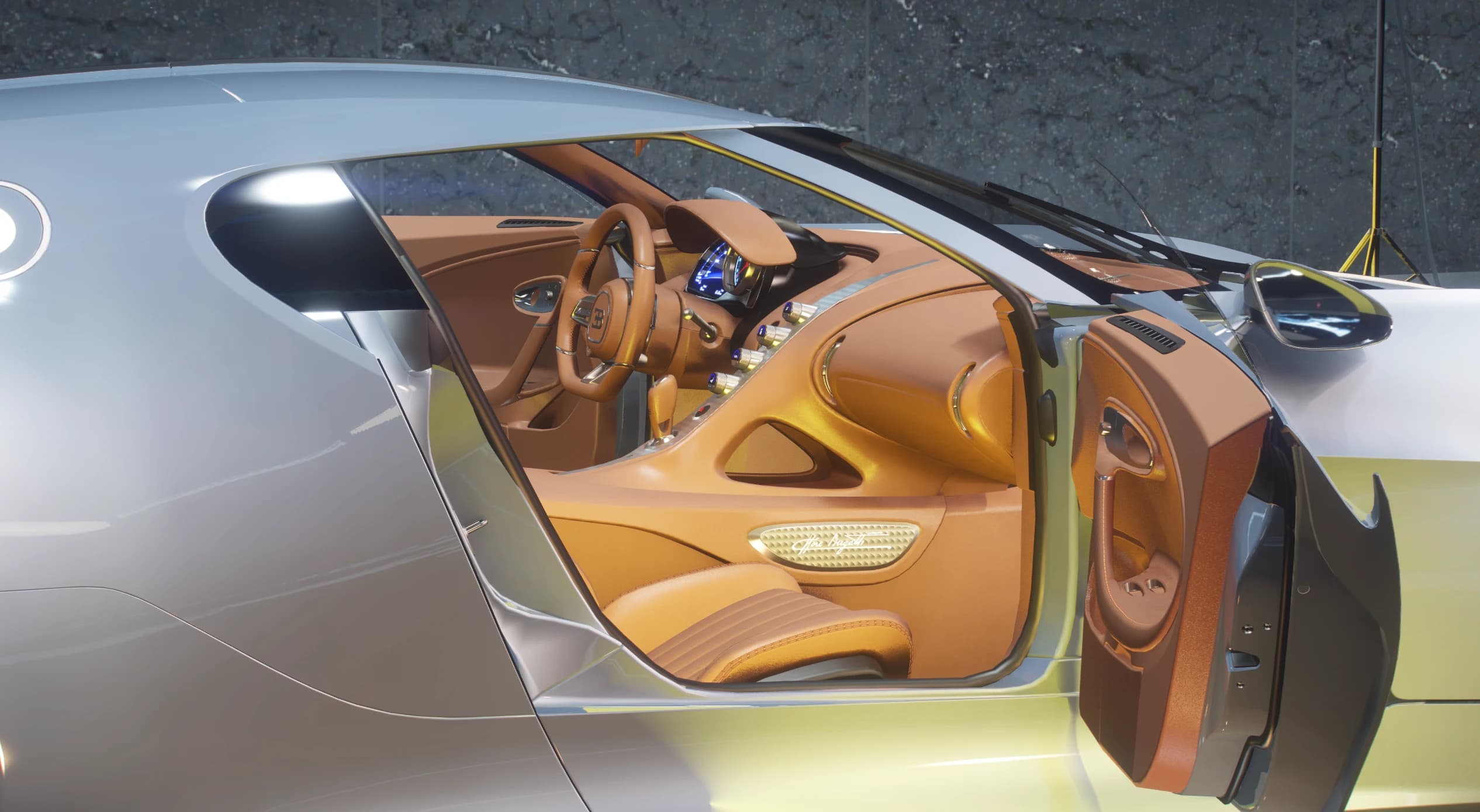 Vista del lado del pasajero con la puerta abierta, dejando ver el interior de cuero color tabaco, el cuadro digital azul y la placa grabada con la firma de Ettore Bugatti en el panel de la puerta