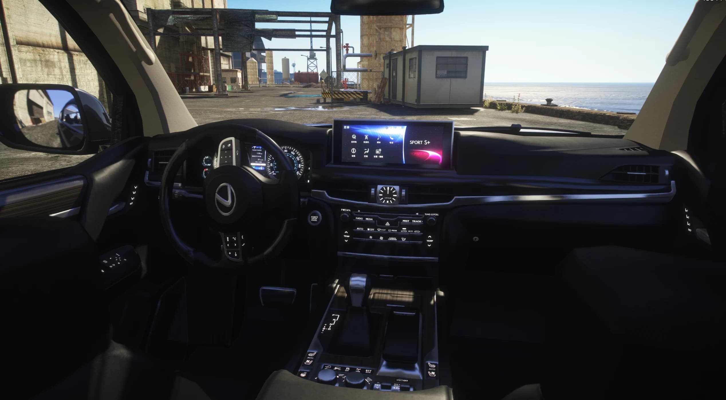 Interior del LX 570 con el volante Lexus, la pantalla panorámica, el reloj analógico y la consola central completa