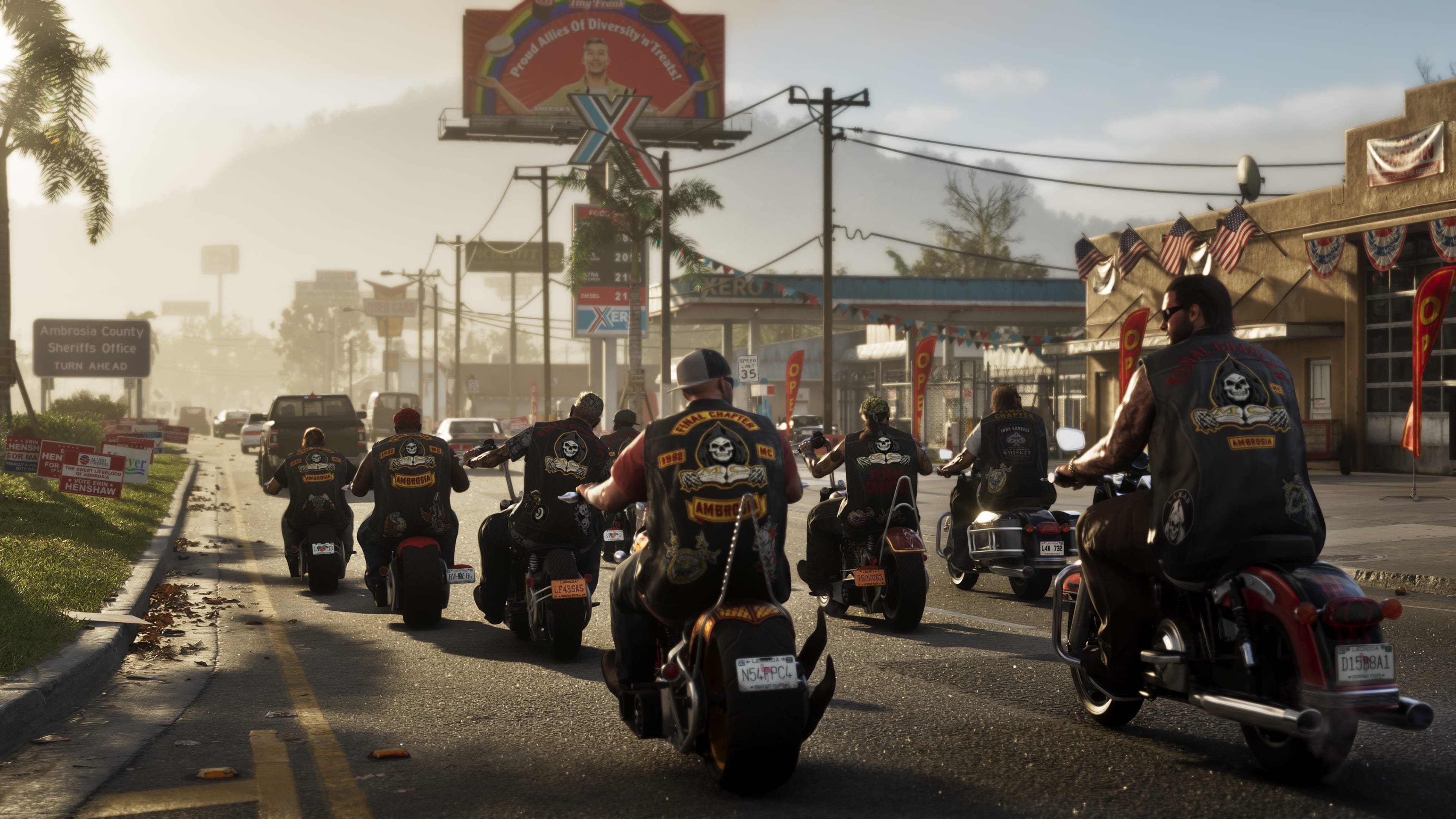 Captura de GTA 6 de una banda de moteros recorriendo Ambrosia al atardecer