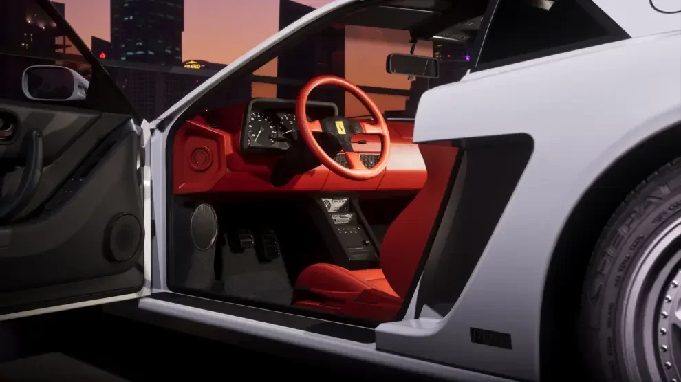 Interior detallado de un coche de GTA 6 con cuero rojo, salpicadero y pedal de embrague