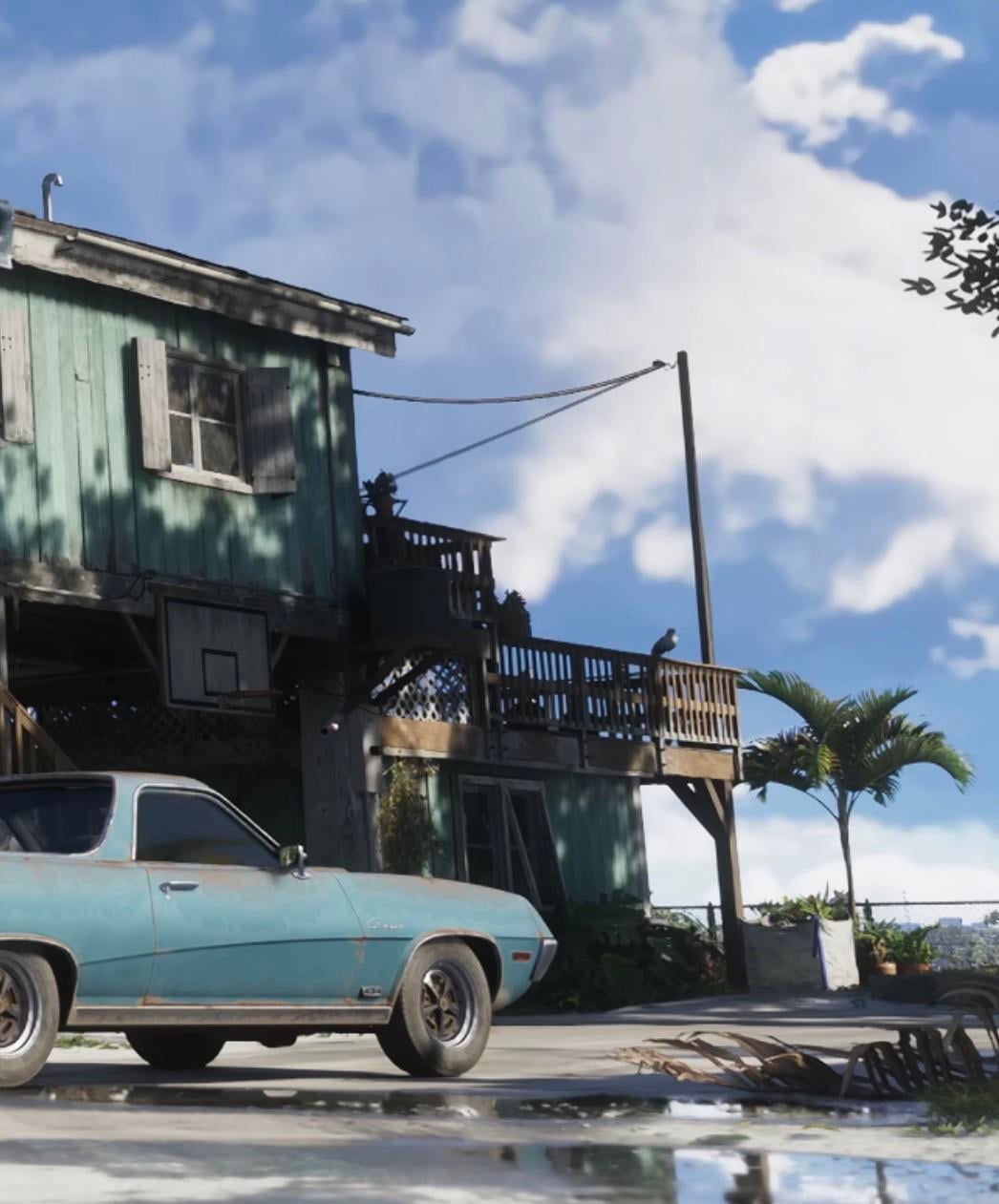 Earlier GTA 6 shot of Jason's stilt house in the Keys, with a car parked underneath, a basketball hoop on the garage and thin wire fencing at the back