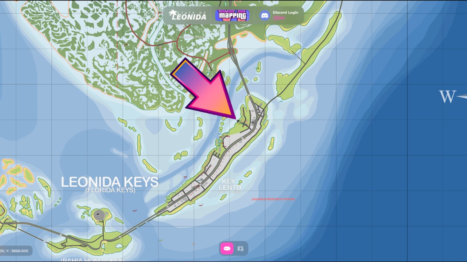 Fan map of the Leonida Keys with a marker on the north tip of Key Lento, where Jason's house is placed