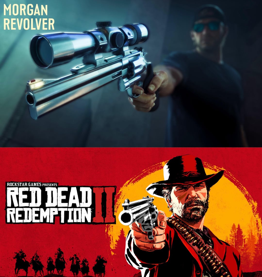 Side by side comparison: a GTA 6 promotional image of Jason aiming the scoped Morgan revolver one handed at the camera, above the Red Dead Redemption 2 cover art of Arthur Morgan pointing a revolver in the same stance