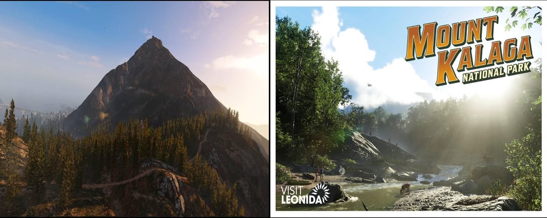 Two GTA 6 screenshots side by side: the forested peak of Mount Kalaga at sunrise, and a Mount Kalaga National Park postcard reading Visit Leonida, showing a river, hikers and a deer