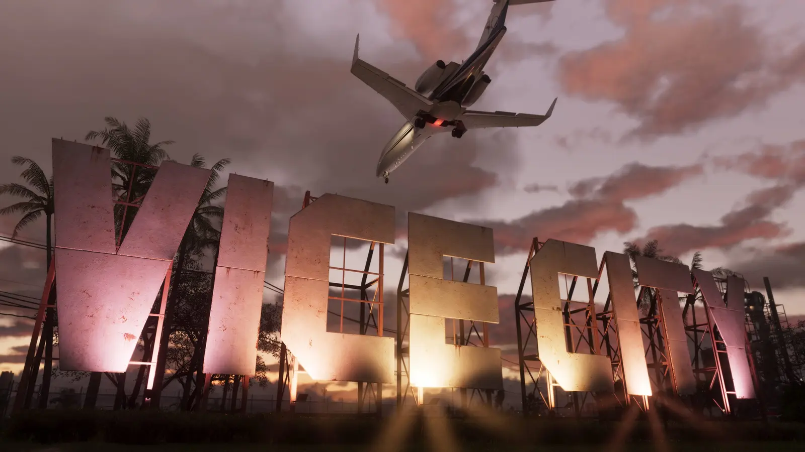 Un jet privado sobrevuela un enorme cartel de VICE CITY al atardecer en GTA 6