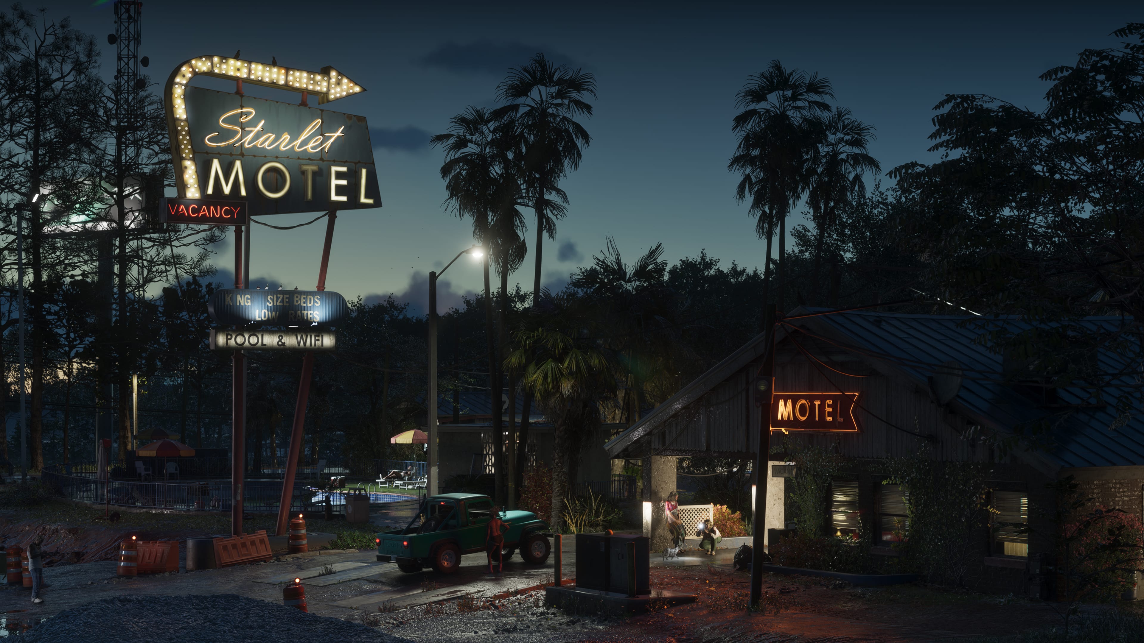 Captura de GTA 6 del cartel de neón del Starlet Motel en Port Gellhorn de noche
