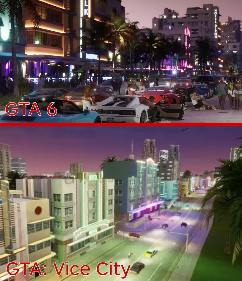Comparación de Ocean Drive entre GTA 6 y GTA Vice City de 2002