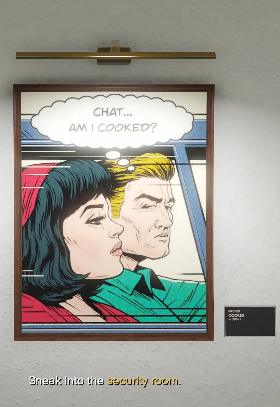 Un cuadro pop-art estilo Roy Lichtenstein dentro del Kortz Center con una mujer morena y un hombre rubio sentados en un coche, un bocadillo de cómic que dice 'CHAT... AM I COOKED?' y una placa de galería que reza KIRCHER COOKED.