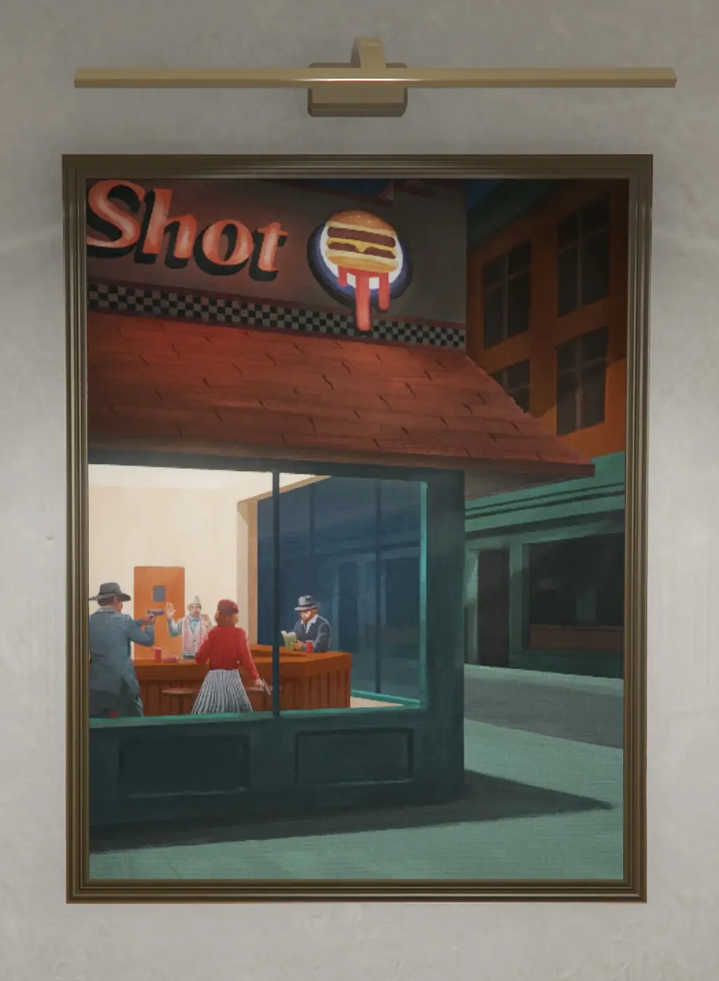 Un cuadro estilo Nighthawks de Edward Hopper con un diner nocturno en pleno atraco: un hombre con sombrero apunta con una pistola por encima de la barra y una mujer con top rojo sostiene una segunda arma, ante un cocinero y un cliente sentado.