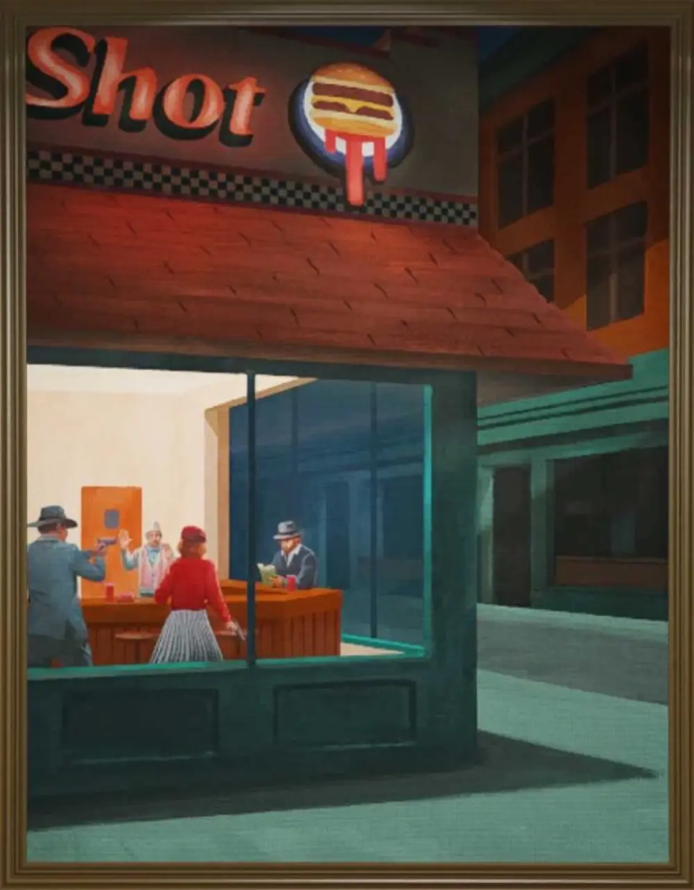 Un cuadro del Kortz Center al estilo del Nighthawks de Edward Hopper: un restaurante Burger Shot visto de noche a través de su ventanal en esquina, donde un hombre con sombrero apunta con una pistola a un empleado con las manos en alto mientras una mujer con jersey rojo y falda de rayas está junto a la barra y un hombre sentado los ignora.