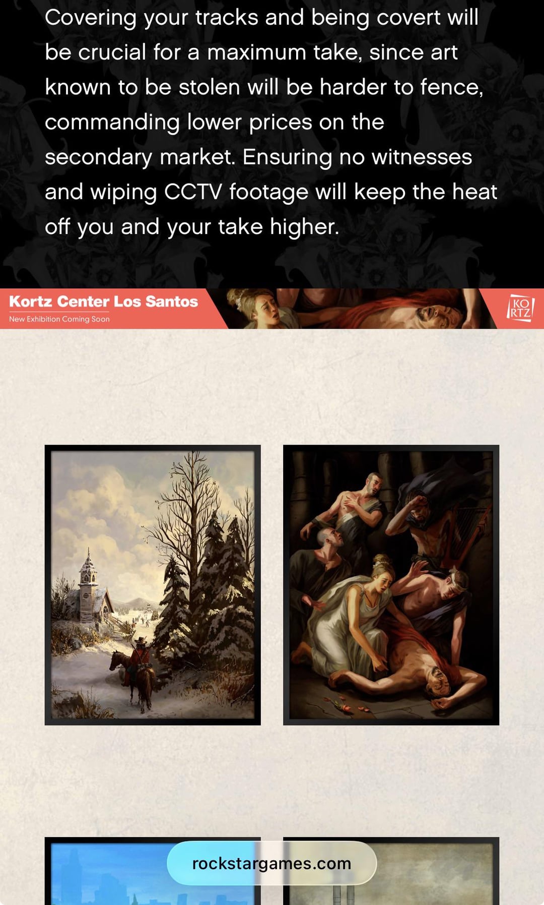 Rockstar Newswire text explaining that art known to be stolen is harder to fence and sells for less on the secondary market, above a Kortz Center Los Santos exhibition banner and two framed paintings