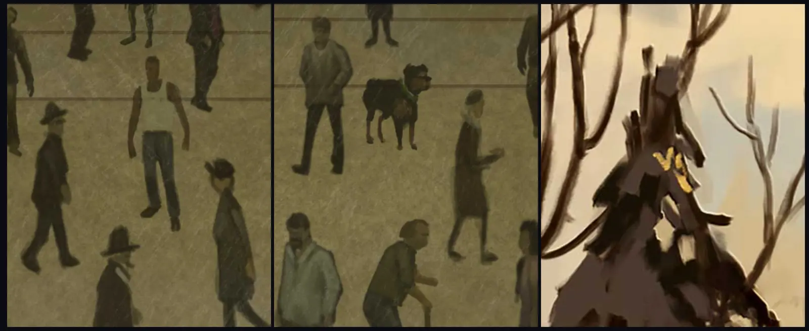 Tres detalles ampliados de los cuadros del Kortz Center: un hombre con camiseta de tirantes blanca y vaqueros entre la multitud, un rottweiler negro con collar, y un pequeño VI dorado pintado entre las ramas de un pino nevado.