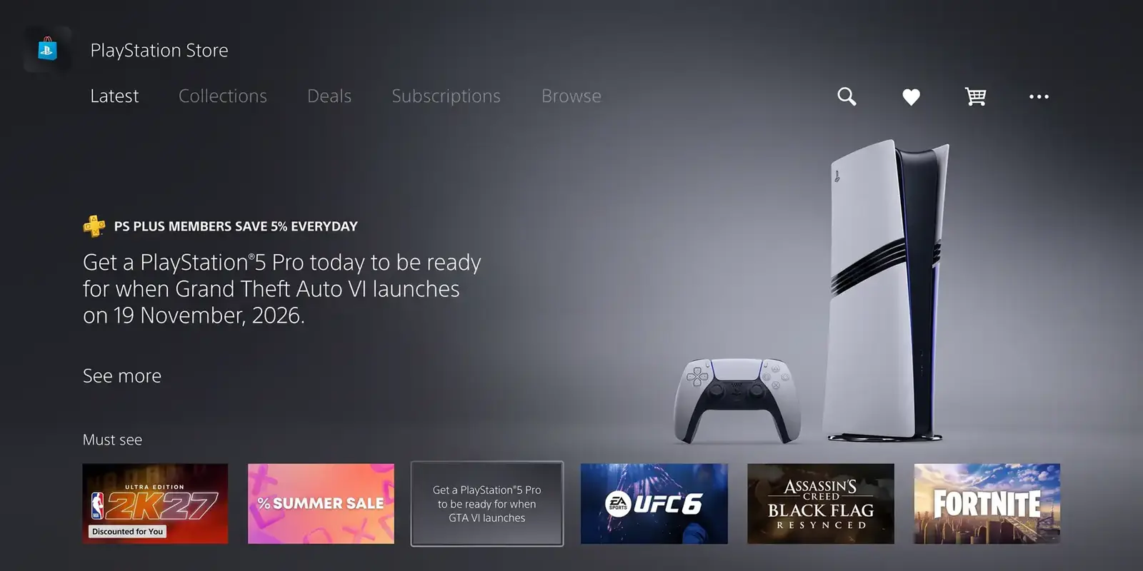 Portada de la PlayStation Store con un banner que recomienda comprar una PS5 Pro para el lanzamiento de GTA 6 el 19 de noviembre de 2026, junto a una consola PS5 Pro y un mando DualSense